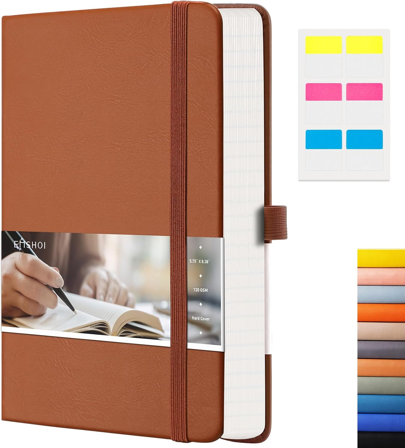 EMSHOI Lined Journal Notebook, 120 gsm Leather Hardcover with Sticky Notes & 256 Numbered A5 Pages – College Ruled Notebook for Writing, Work, School, Men, Women | 5.75”x8.38” – Brown
