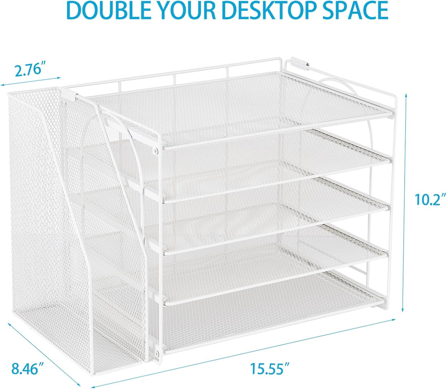 AUPSEN White Desk Organizers and Accessories, 5-Tier Letter Tray Paper Organizer with Adjustable File Holder, Desktop Office Desk Accessories for Office Supplies