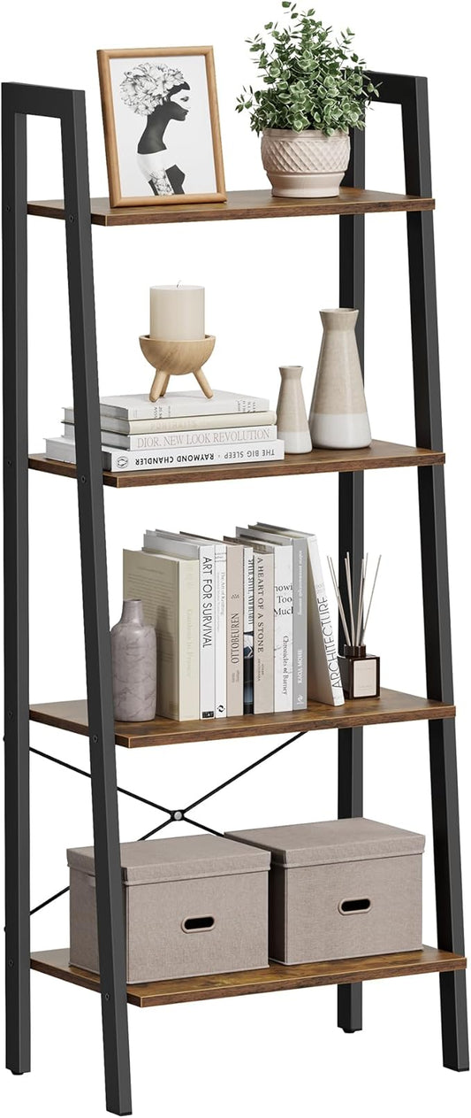 VASAGLE Ladder Shelf, 4-Tier Bookshelf, Storage Rack, Bookcase with Steel Frame, for Living Room, Home Office, Kitchen, Bedroom, Industrial Style, Rustic Brown and Ink Black ULLS44X
