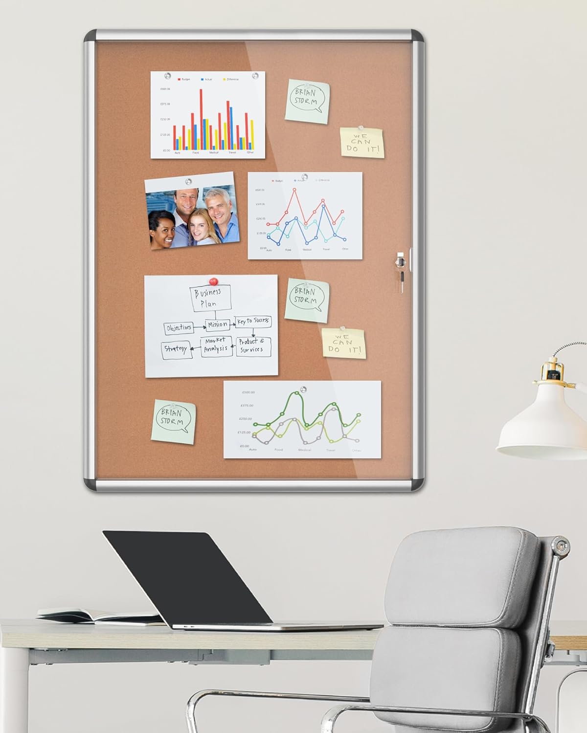 38"x28" Enclosed Bulletin Board, Lockable Weather-Resistant Aluminum Cork Noticeboard for School & Office, Silver Frame w/Cork