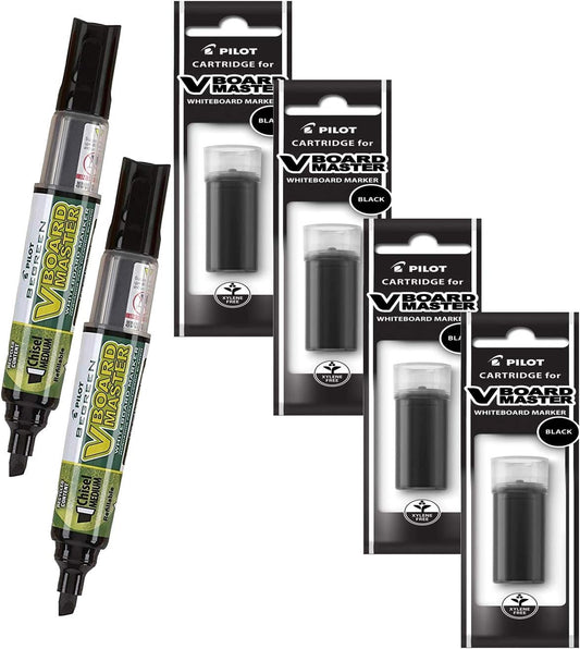 Refillable Dry Erase Markers, Pilot V Board Master, 2 Black Ink Chisel Tip Markers with 4 Refills, P1a439146p