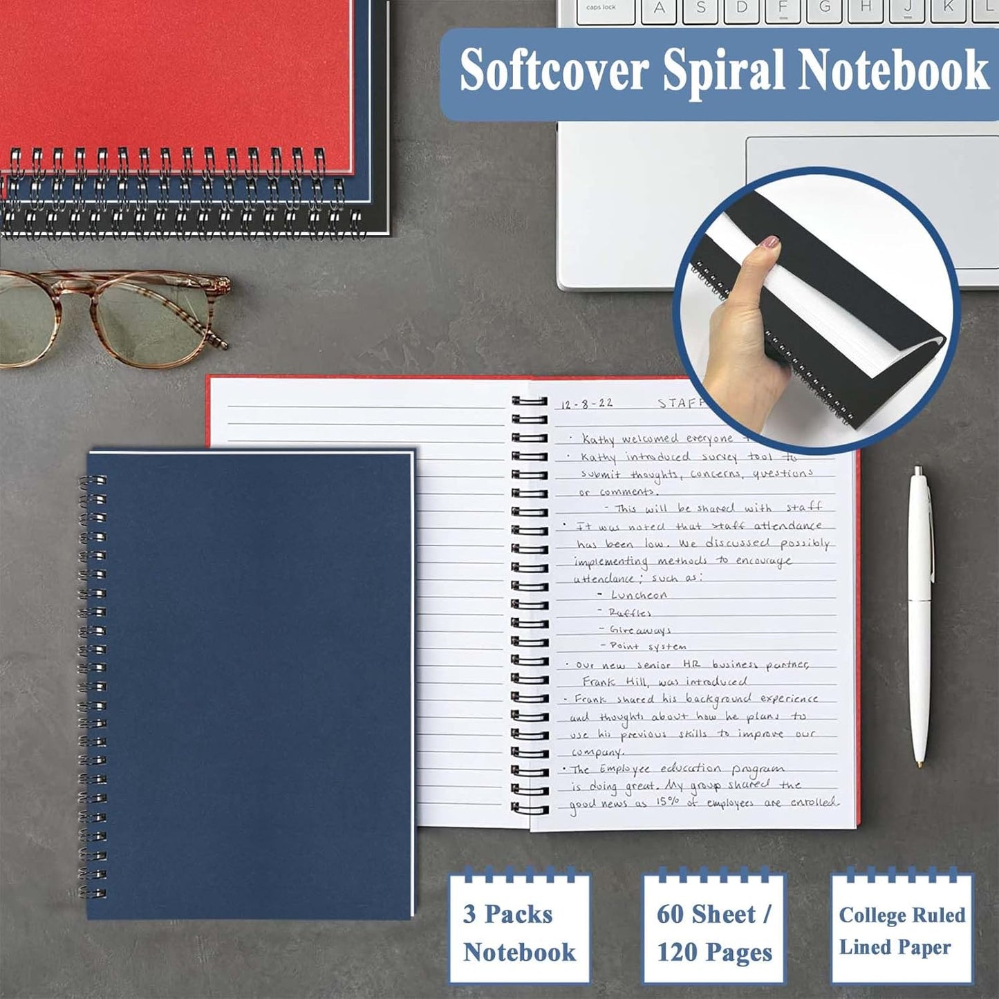 GINMLYDA 3Pack Small Spiral Notebook A5, 8.25x5.5” 120 Lined Pages Wide Ruled Spiral Journal Bulk Blank Kraft Cover Spiral Bound Notebook & Writing Pads for Home Office Meeting Work Note Taking