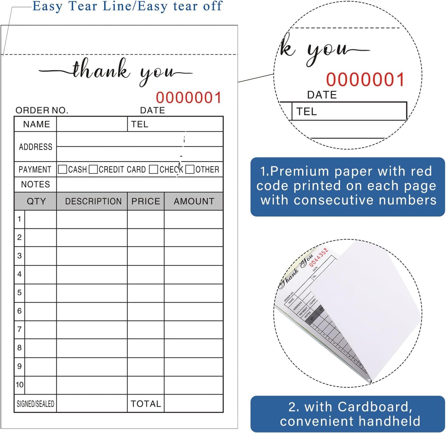 6 Pack Thank You Receipt Book, 3.4x5.5" Handheld 2-Part Carbonless Sales Invoice Book, Invoice Pad with Cardboard for Small Boutique Business, (50 Sets)