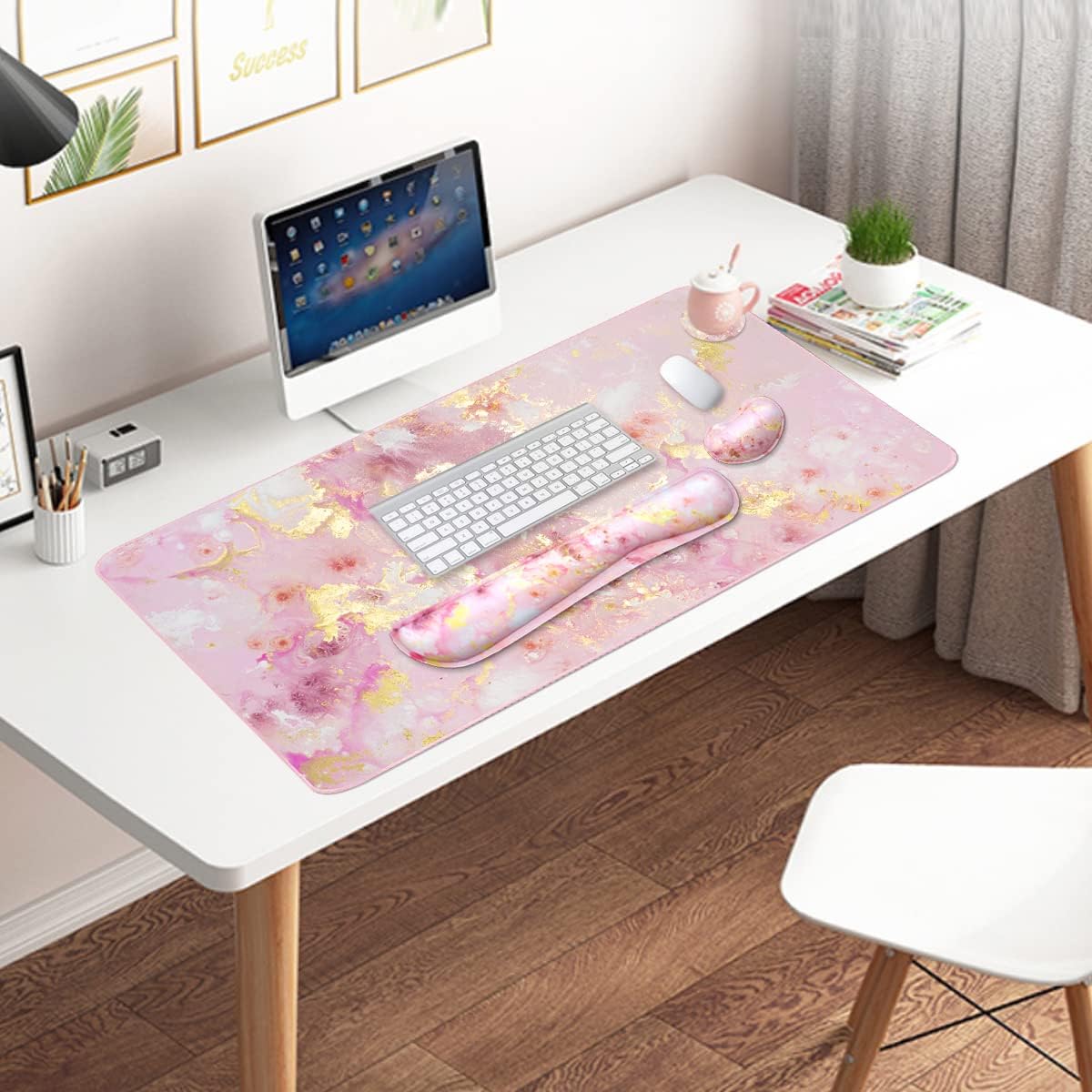 4-in-1 Large Gaming Mouse Pad, Keyboard Wrist Rest Pad & Wrist Support Mousepad Set, Extended Desk Pad Waterproof Desk Mat for Home Office Study Game-Pink Gold Marble