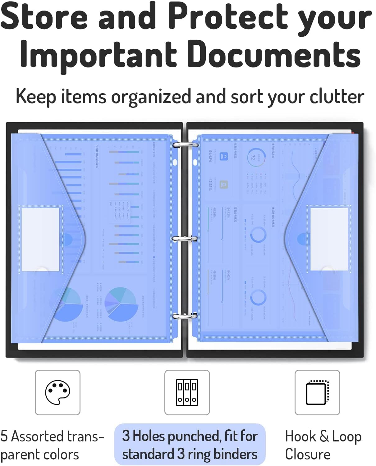 Forvencer Binder Pocket, 4X Regular Capacity, 5 Pack Super Heavyweight Plastic Folders with Tight Closure, Folders with Pockets Side Loading, Binder Organizer, Binder Dividers, Letter Size, Extended