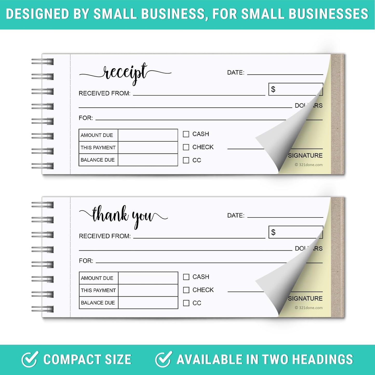 321Done 2-Pack Spiral Receipt Book, Made in USA - 2-Part Carbonless Spiral Bound 2.75x6, Receipt Book with Carbon Copies for Small Business - 100 White/Yellow Sets
