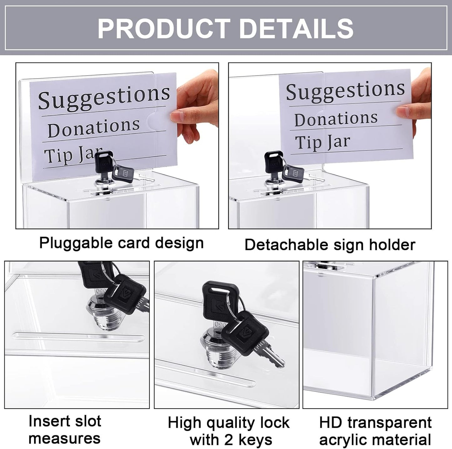 8 Packs Acrylic Donation Box with Lock and Sign Holder Clear Suggestion Ballot Box Plastic Voting Comment for Tip Jars Ticket Charity Survey Raffle Contest Fundraising, 6.1 x 4.3 x 3.8 Inch (Clear)
