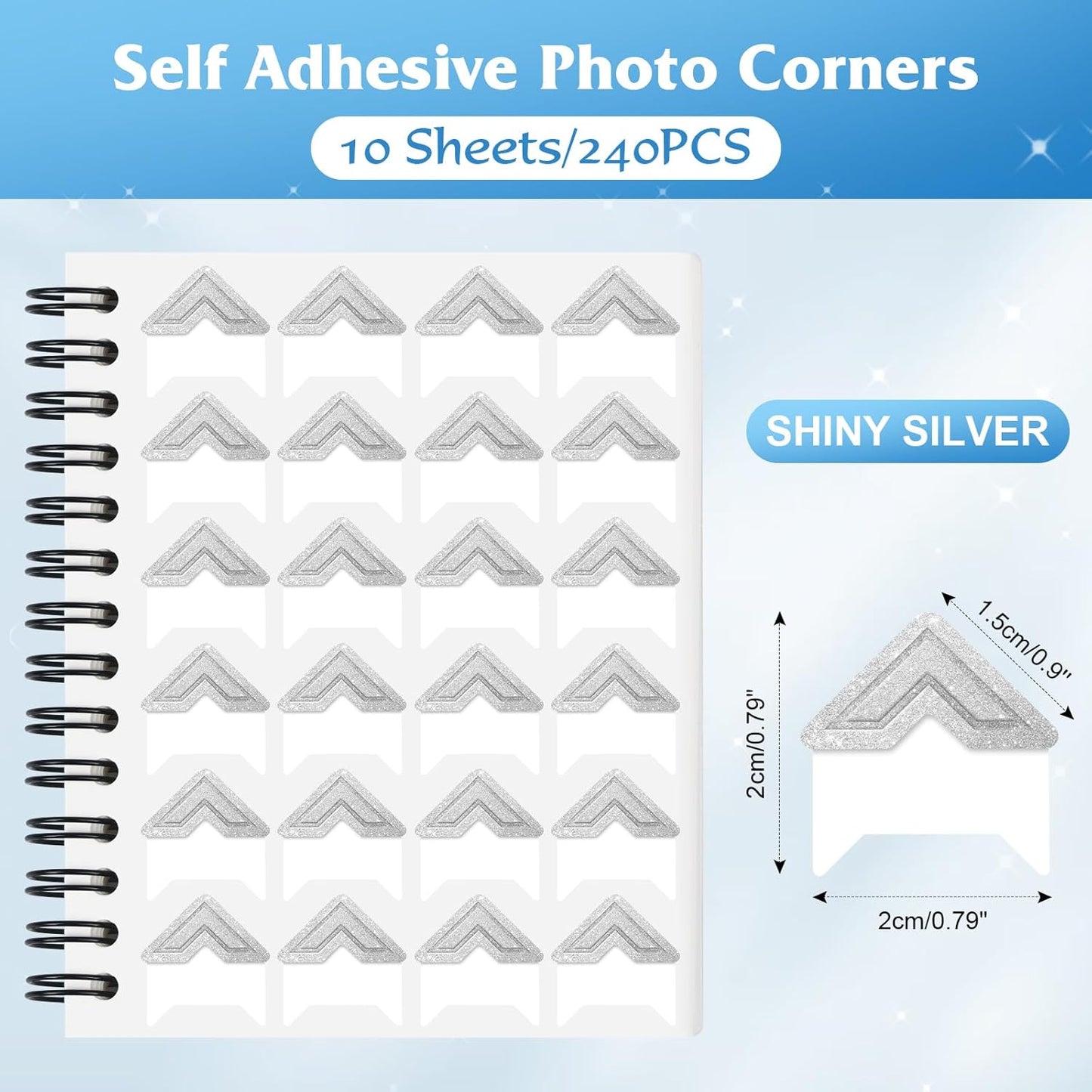 GOONAVI 10 Sheets 240 PCS Shiny Silver Acid-Free Photo Corners Notebook, Self-Adhesive Photo Corners for DIY Photo Album Journal, Photo Corner Stickers for Trip Journal Memory Book