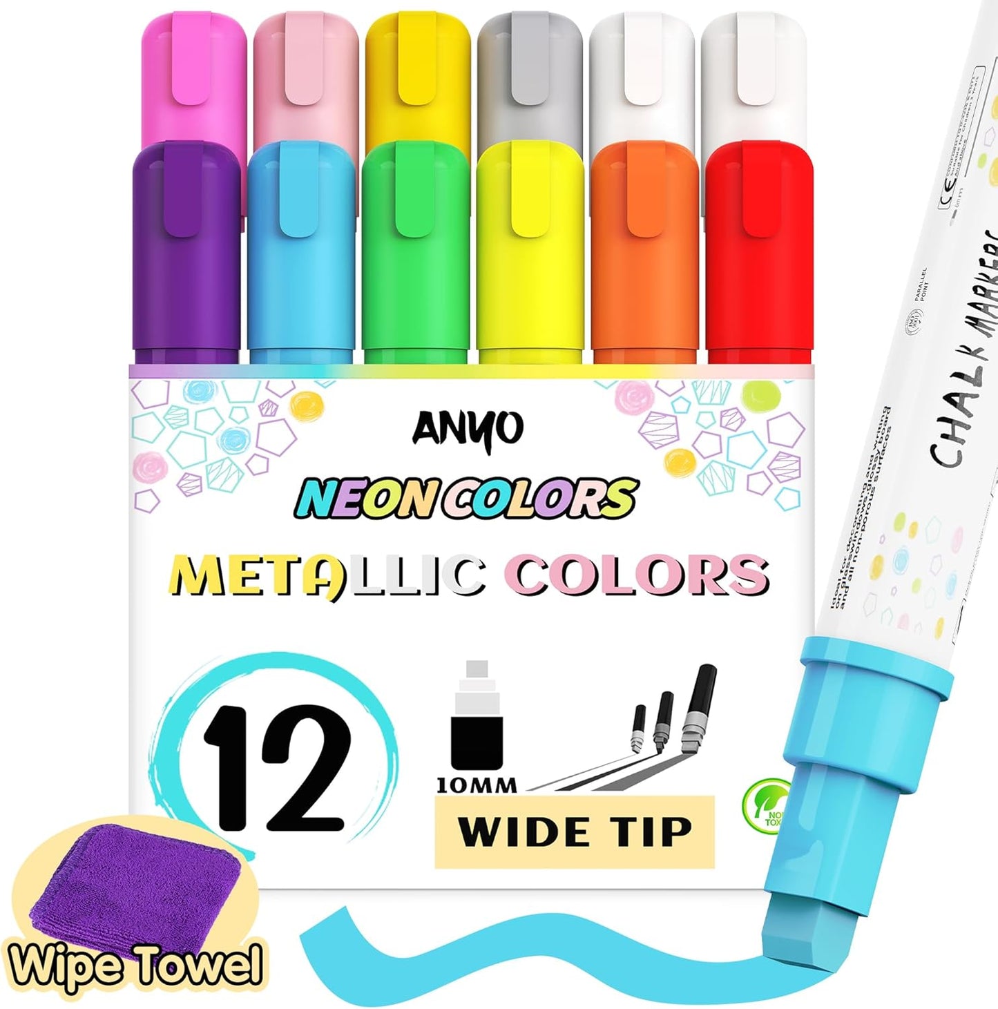 Anyo 12 Pack Window Markers for Cars, Liquid Chalk Markers with 10mm 3 in 1 Nib Wide Tip, Metallic & Neon Color Wet Erase Window Paint for Glass Washable, Glass, Mirror, Blackboard, Bistro, Menus