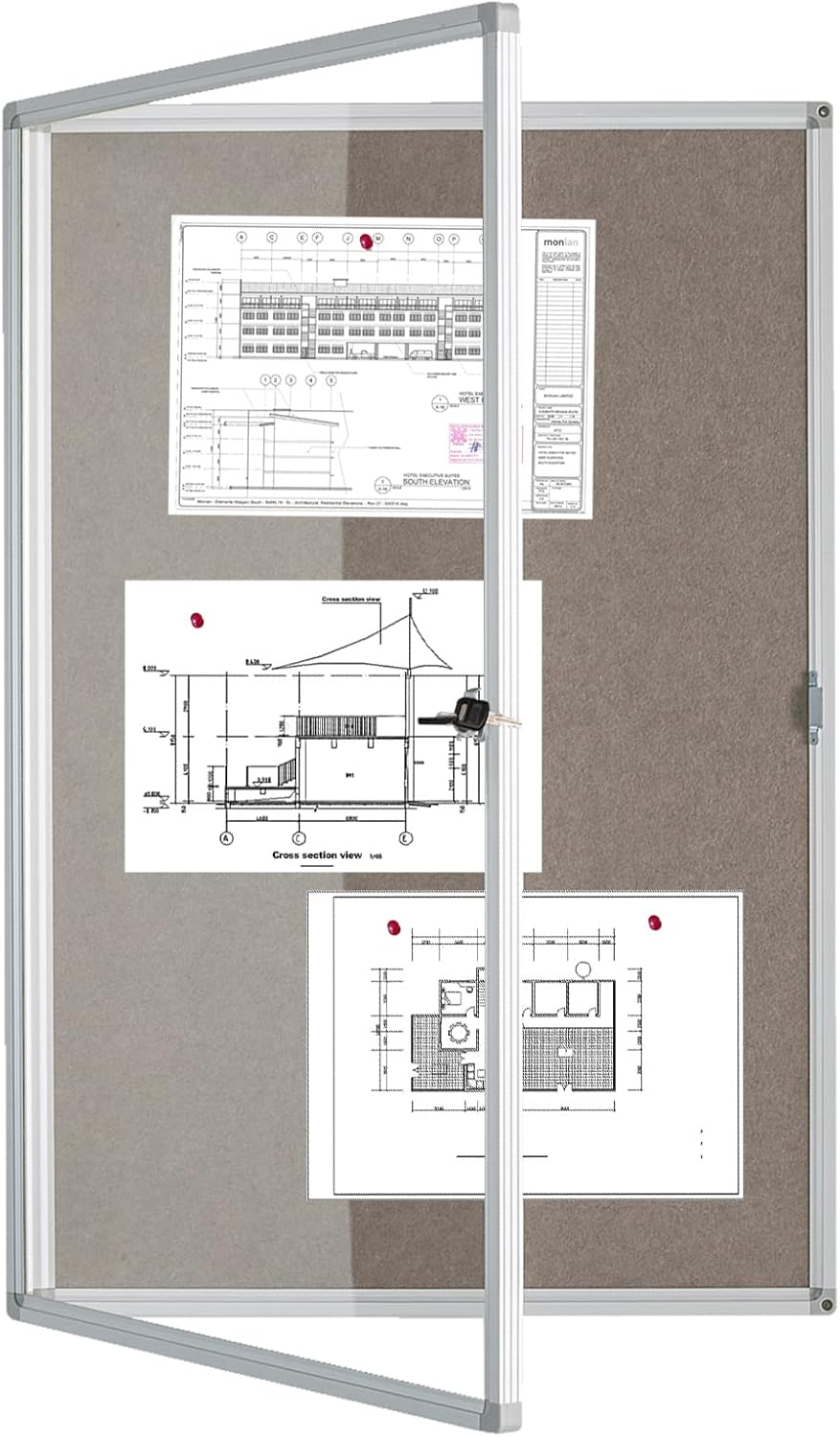 BIBOC Enclosed Felt Bulletin Board 36x24 inch Lockable Cork Noticeboard Display Cases Tamperproof Notice Poster Memo Board with Class Aluminum Frame (Felt, 24×36 inches)