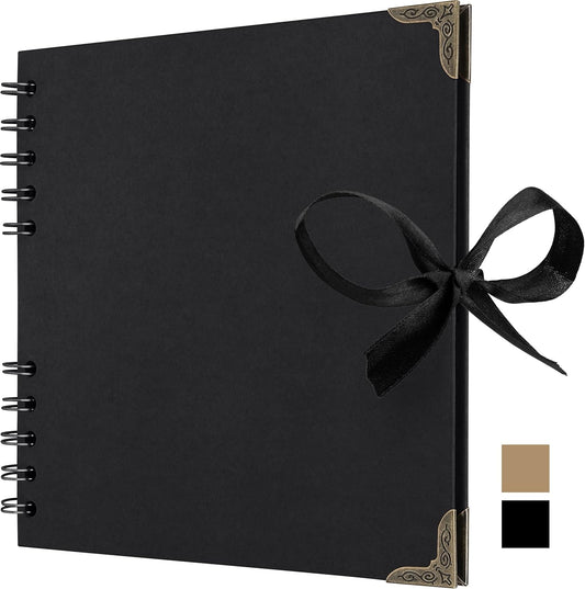 Bstorify Square Scrapbook Photo Albums 36 Pages (7 x 7 inch) Black Thick 250gsm Kraft Paper Scrap Book, Memory Book, Ribbon Closure - Ideal for Your Scrapbooking Albums, Art & Craft Projects