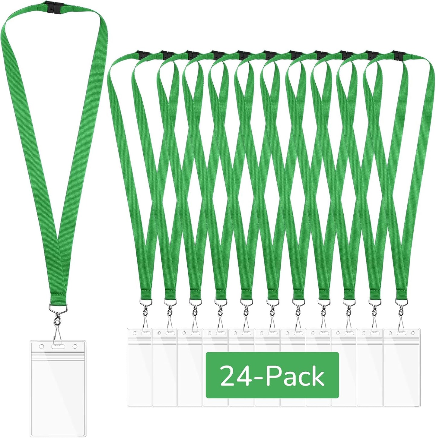24-Pack Green Breakaway Lanyards with Waterproof Badge Holders, Metal Hook, Polyester Neck Straps for ID Cards, Events, Office, and Schools