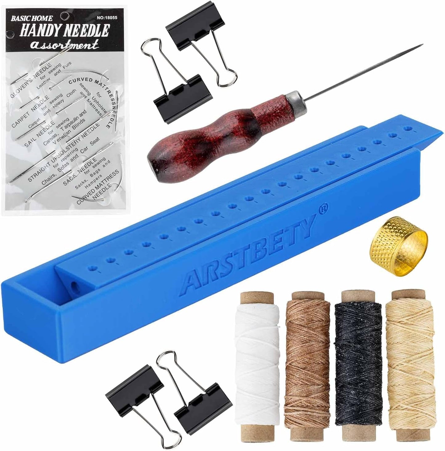 ARSTBETY Complete Bookbinding Kits for Beginners, Book Binding Starter Tool Supplies with Signature Punch Guide, Awl, 100ft Wax Thread, 7 Needles and Clips Thimble Ring