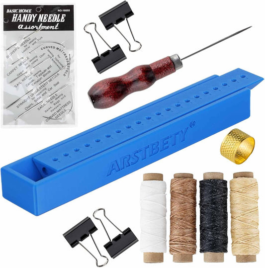 ARSTBETY Complete Bookbinding Kits for Beginners, Book Binding Starter Tool Supplies with Signature Punch Guide, Awl, 100ft Wax Thread, 7 Needles and Clips Thimble Ring