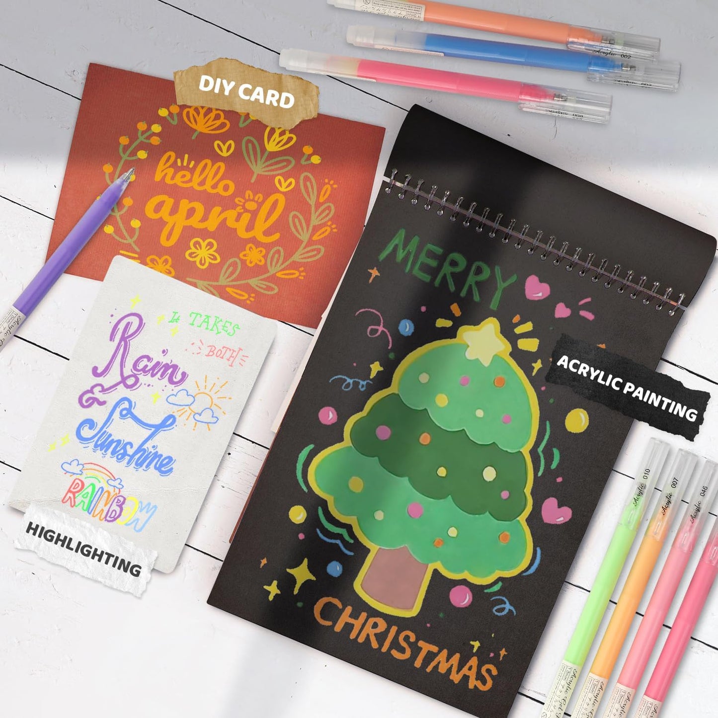 48 Colors 3D Acrylic Gel Pens & Black Paper Sketchbook for Drawing, 1mm Fine Point Acrylic Ink Pen, Opaque Archival Ink Pens for Black Paper Drawing, Sketching, Illustration, Card Making