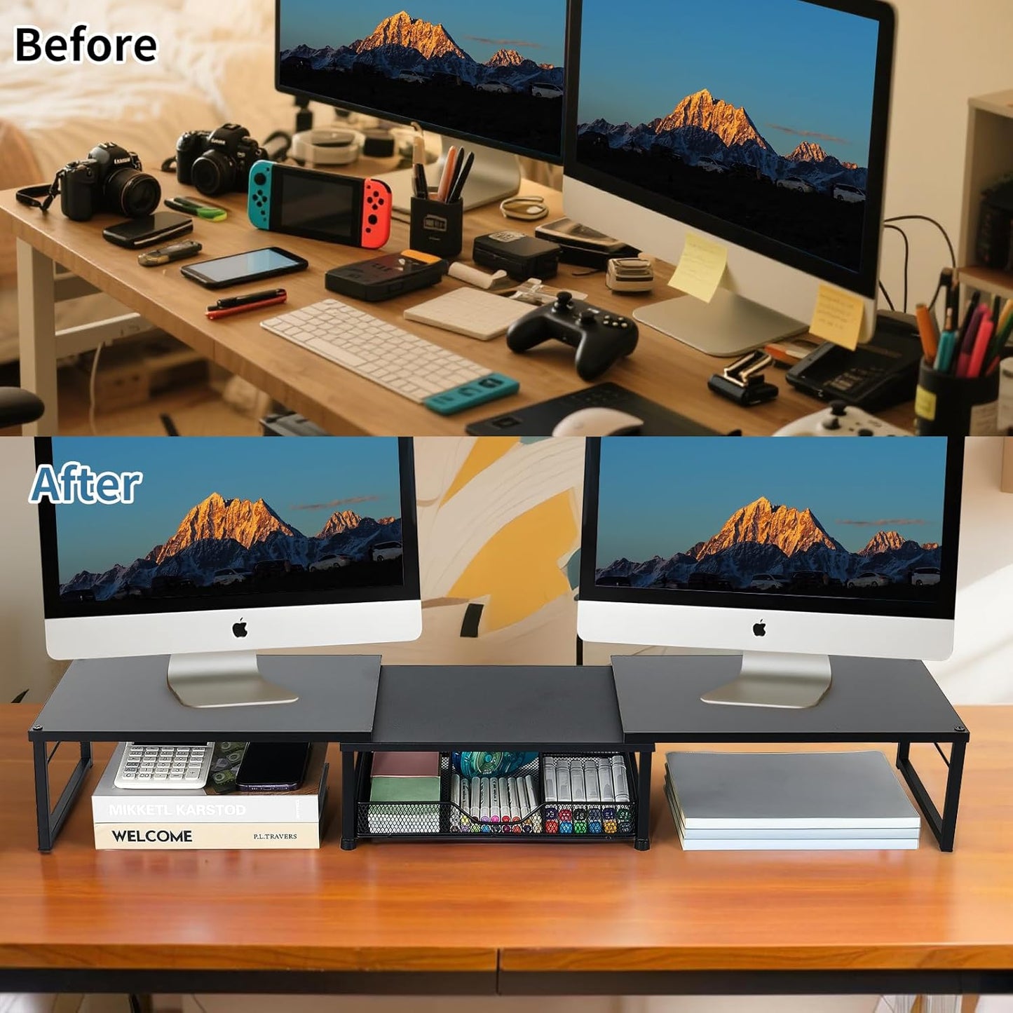 Dual Monitor Stand Riser, Desk Organizer with Drawer, Office Desk Organizers and Accessories, Office Workspace Organization, Computer Monitor Stand for Laptop, Printer (Black)