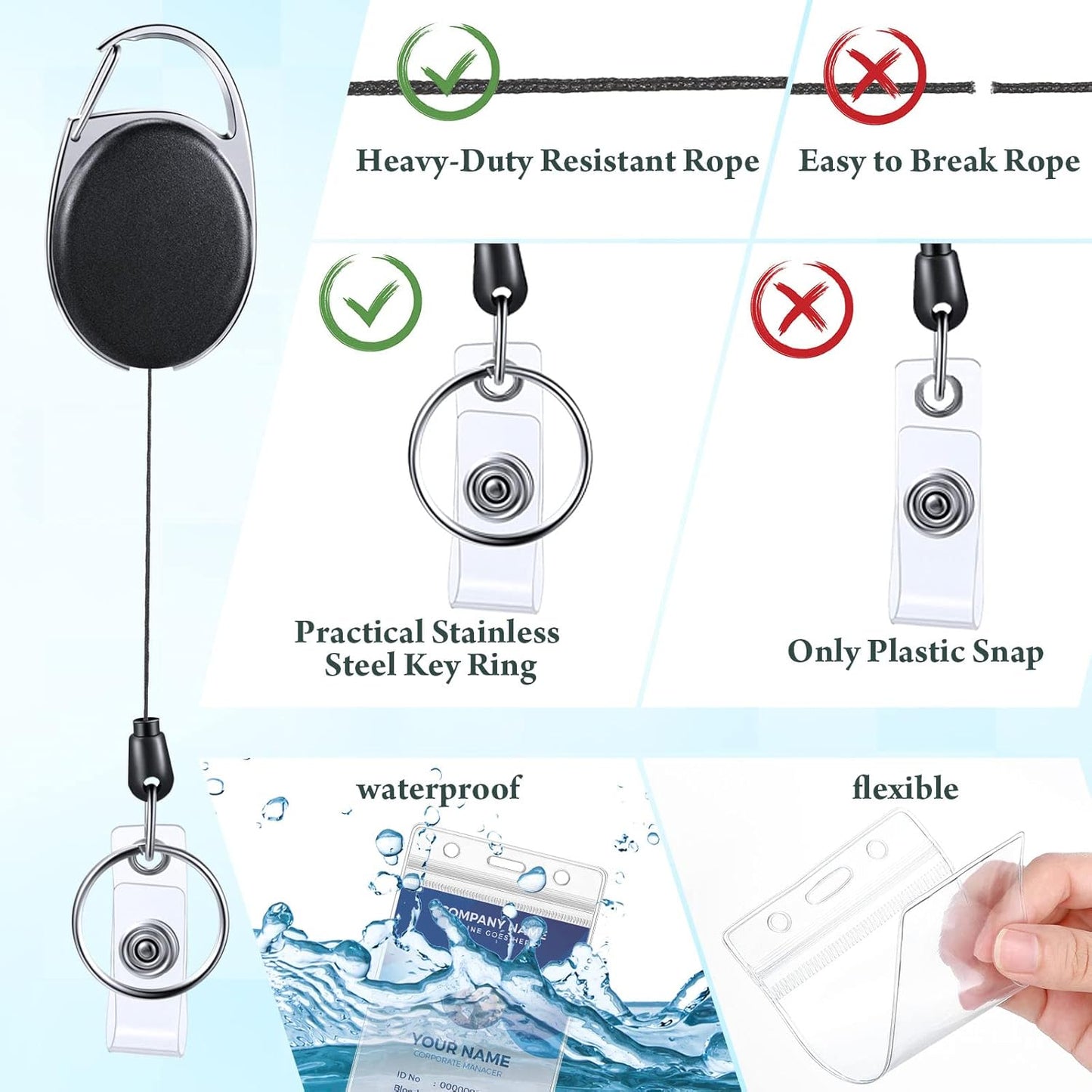 Laumoi Heavy Duty Retractable Badge Holder Reel with Belt Clip Keyring and Waterproof Vertical ID Card Holders for ID Name Card Keychain Badge(Black,60 Pack)