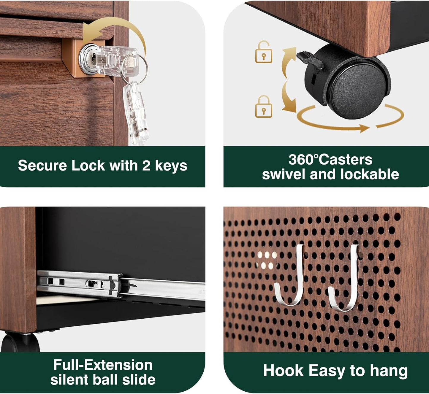 2 Drawer Mobile File Cabinet,Metal File Cabinet with Lock，Lateral Printer Stand Filling Storage Cabinet for Home Office-A4/F4/Letter（Wood