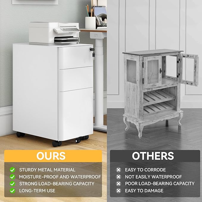DWVO 3-Drawer Vertical File Cabinet, Mobile Filing Cabinet with Lockable, Pre-Assembled Compact Slim File Cabinet, Portable Office Storage for A4/Letter/Legal Documents (White)
