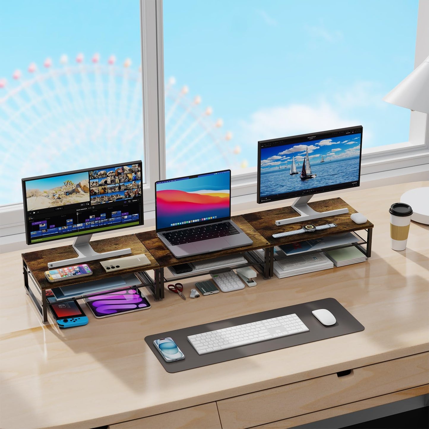 gianotter 2-Tier Metal Monitor Stand Riser, Desk Organizer for Monitor, Office Desk Storage Organizer for Office Supplies (Wood)