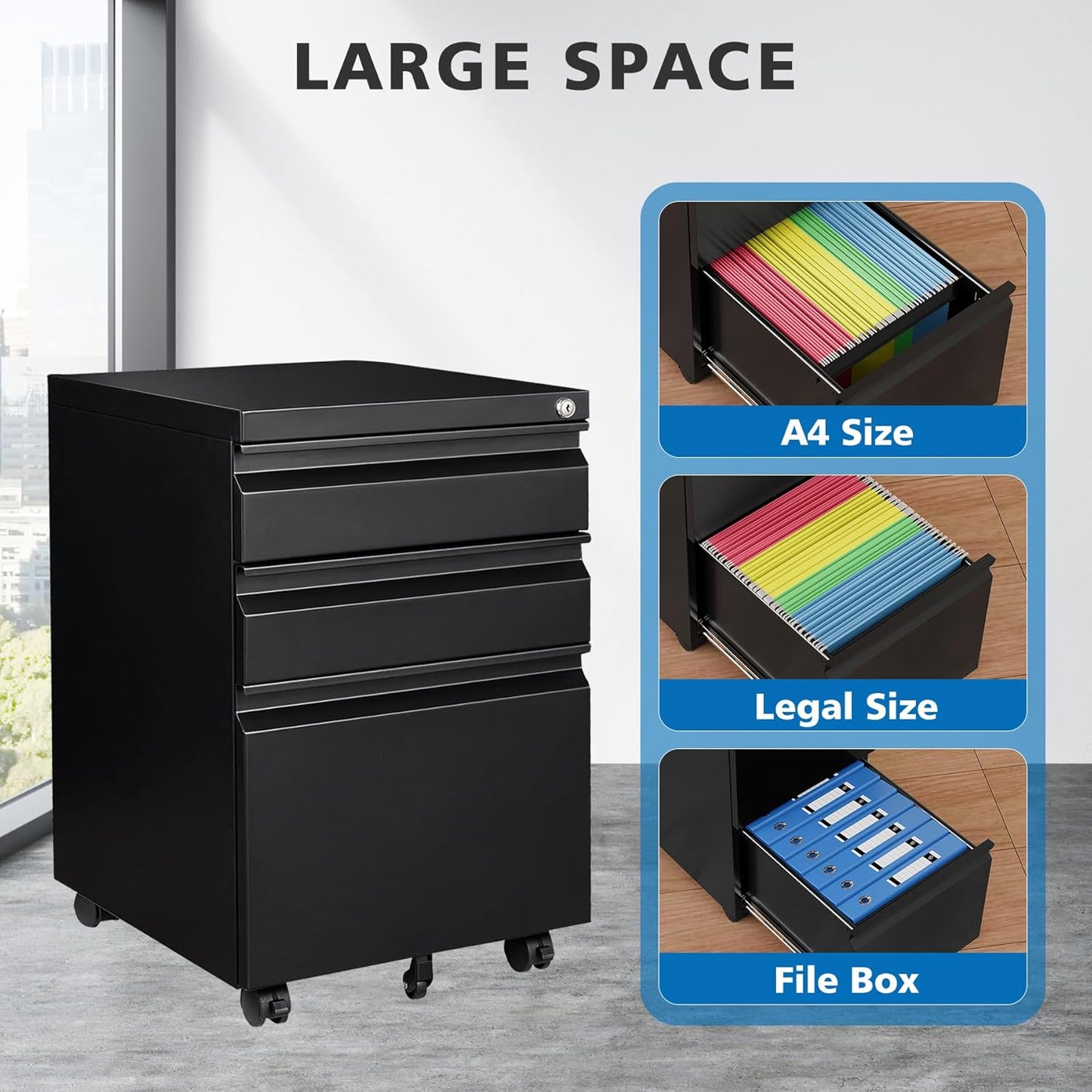 3 Drawers File Cabinet with Lock Metal Vertical File Cabient with Wheels Mobile File Cabinet for Office Home,Fully Assembled