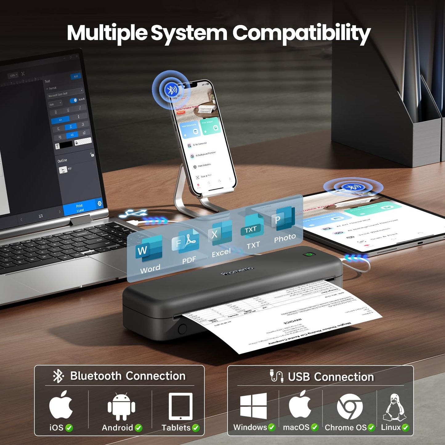 Phomemo M834 Portable Printer Wireless for Travel, Bluetooth Thermal Printer 8.5" x 11"&A4, Compatible with iOS,Android & PC,Inkless Mobile Printers for Travel,Office,School,Home,Gray