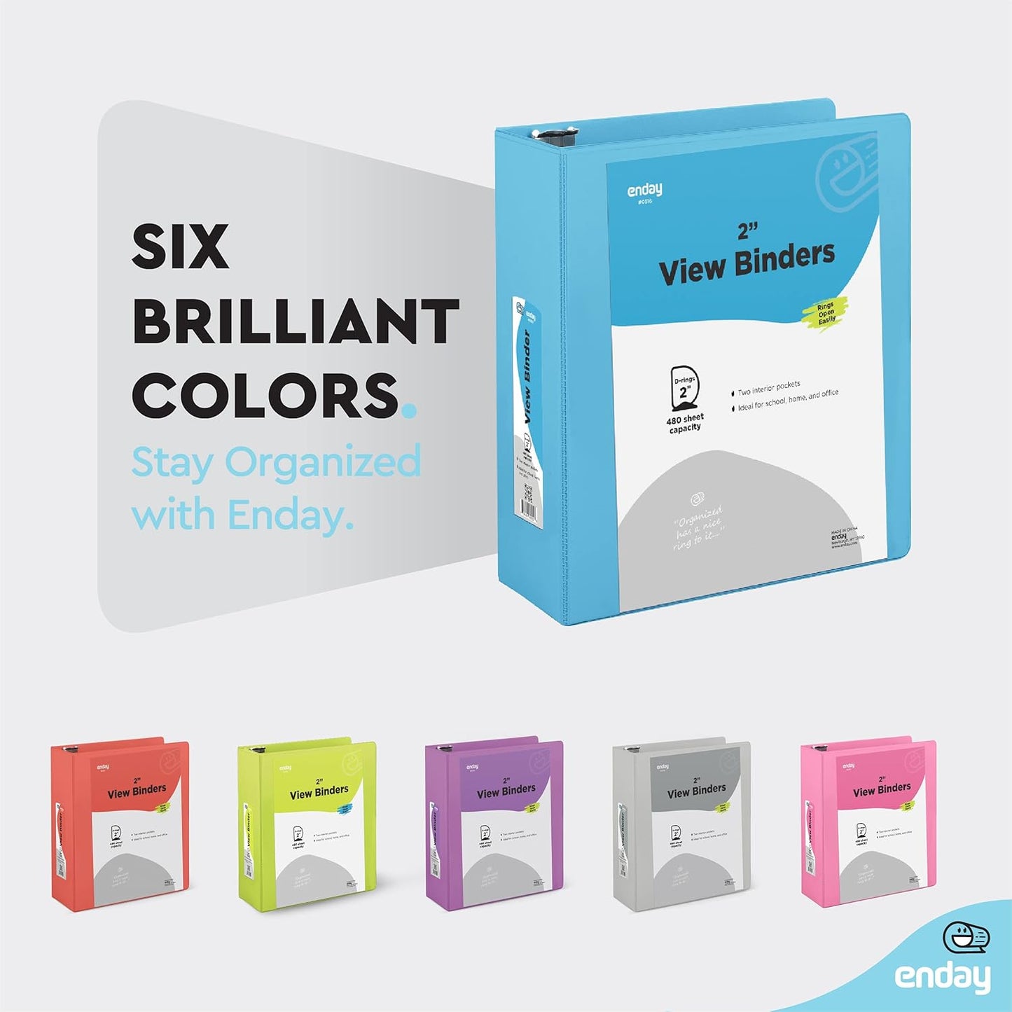 3 Slant D-Ring Binder 2 Inch Binder Blue, 2 in Clear View Cover w/ 2 Inside Pockets, Heavy Duty Colored School Supplies Binders Also Available in Grey, Pink, Red, Green, Purple (6 PC)–by Enday