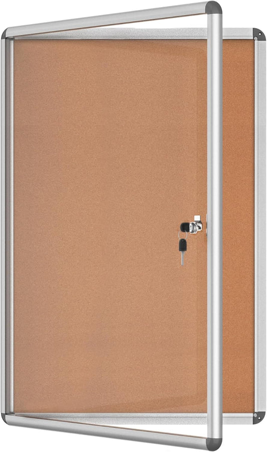 36"x24" Enclosed Bulletin Board, Lockable Weather-Resistant Aluminum Cork Noticeboard for School & Office, Silver Frame w/Cork