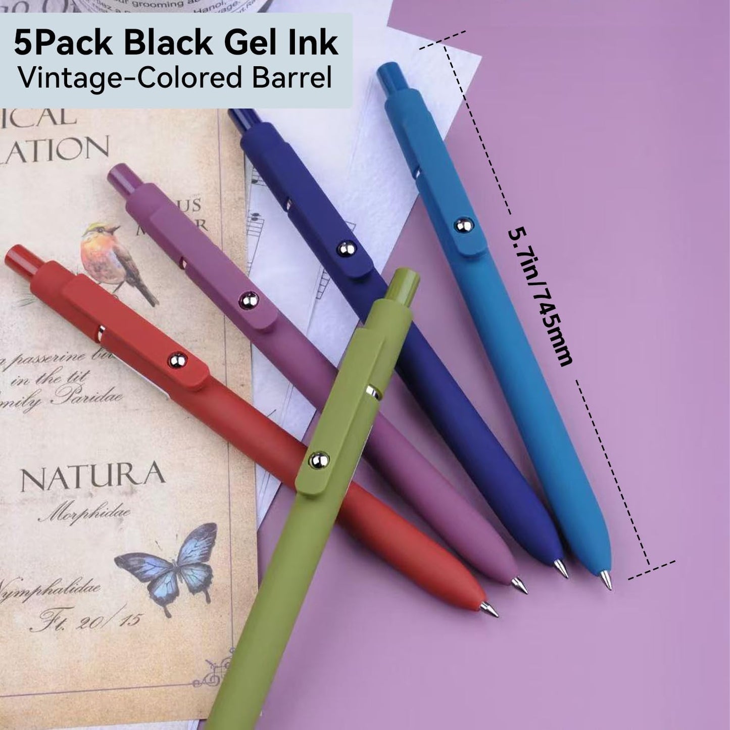 Gel Pens, 5Pcs 0.5mm Fine Point Black Ink Pens With Smooth Wirting,Office Desk Accessories,Quick Dry Pens For Journaling,Ballpoint for School Supplies, Gift for Women Men Student(Retro)