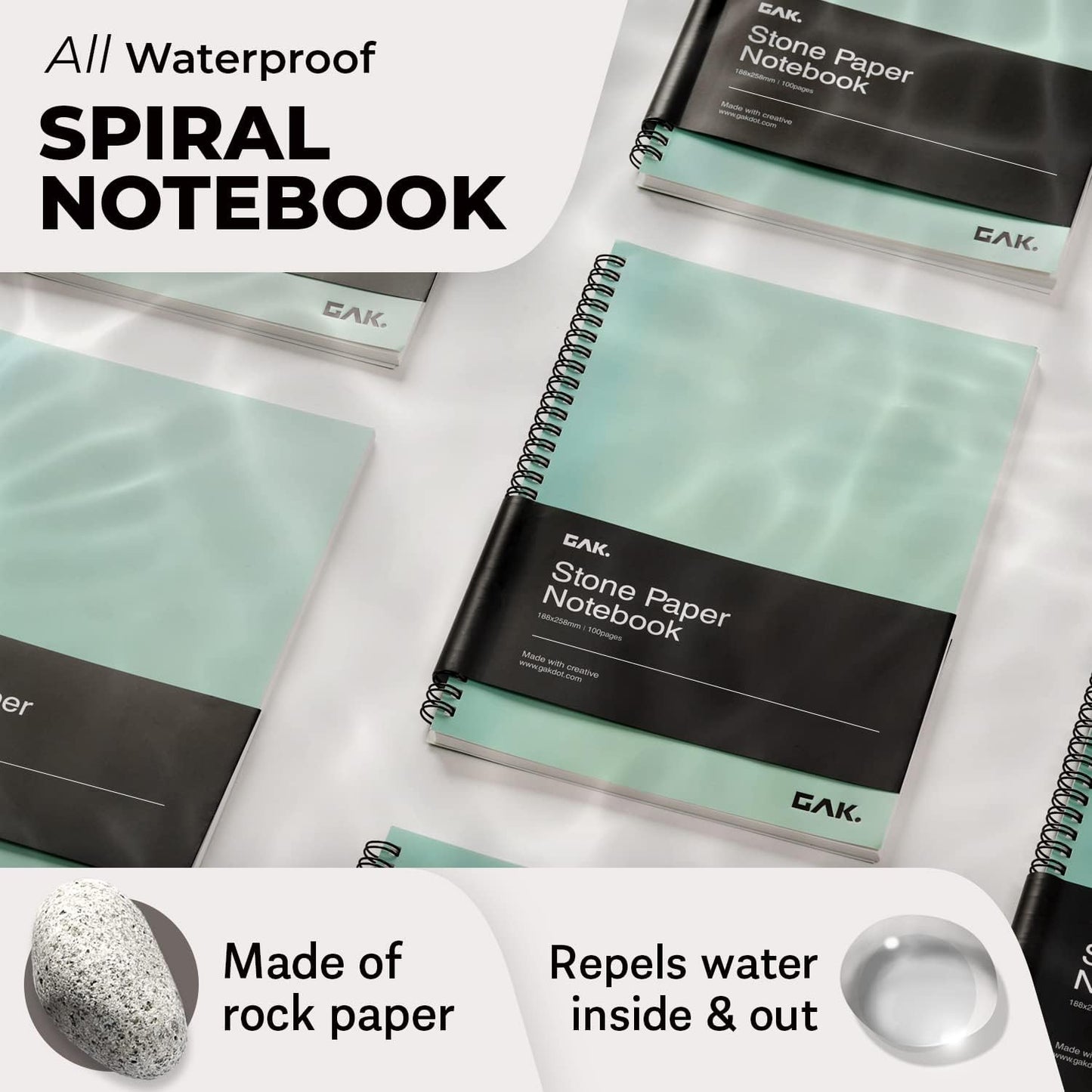GAK. Stone Paper Waterproof Spiral Notebook, 7.20”x10.11”, 50 sheets, Durable Notebook, Eco-Friendly Mineral Stone Paper Notebook, Waterproof Notepad, Ruled, Green
