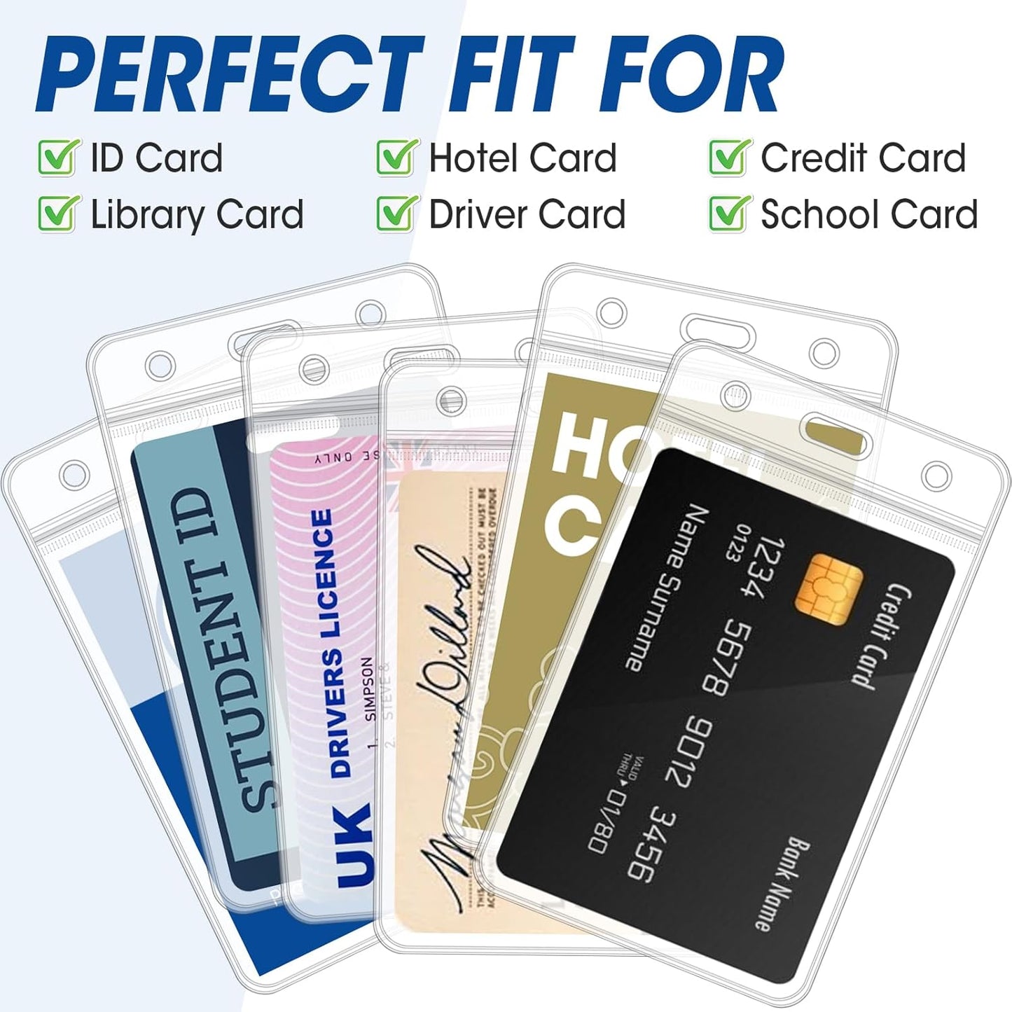 200 Pcs Vertical Badge Holders, Waterproof ID Badge Holder, Clear ID Card Holder with Resealable Zip for Proximity Cards, RFID, Credit Cards