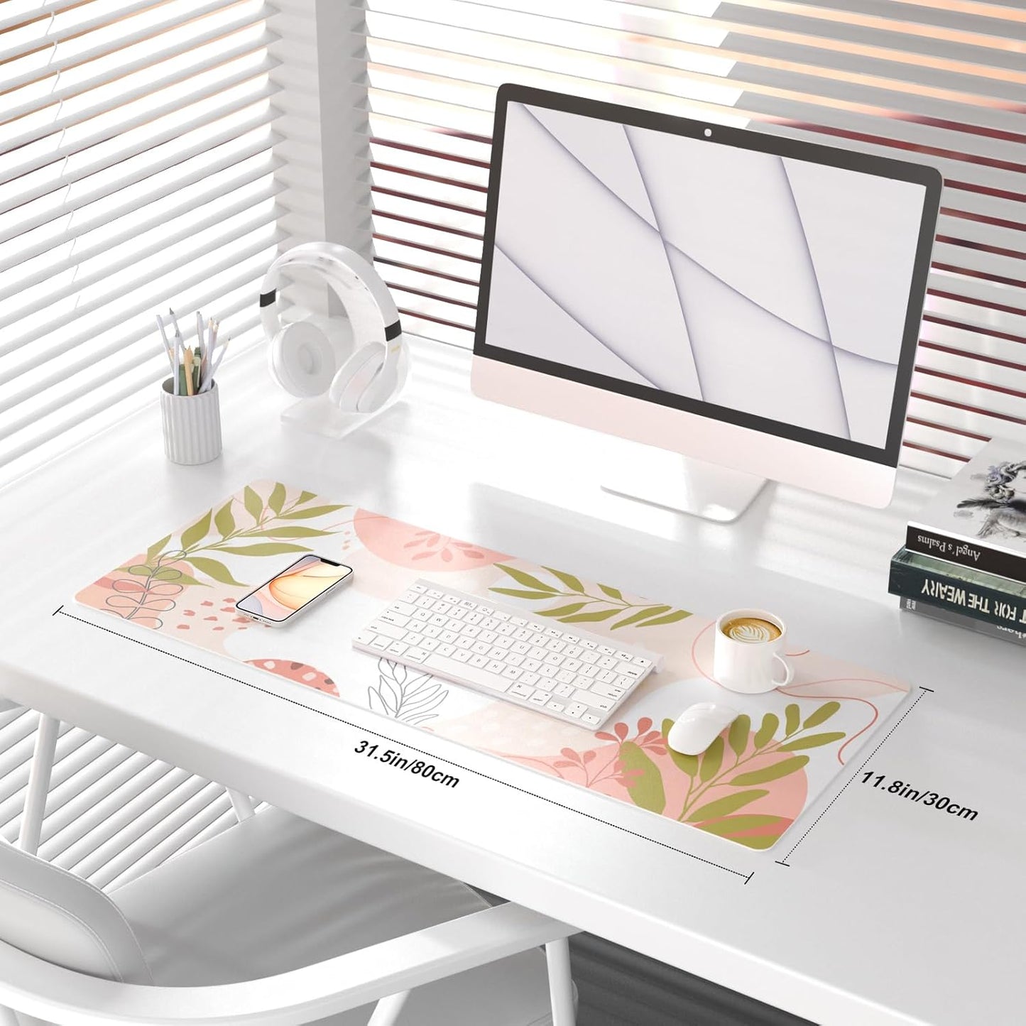 QIYI Large Mouse Pad, Cute Desk Mat for Desktop, Women Girls Minimalist Pink Office Desk Accessories, PU Leather Waterproof Gaming Mousepad, Tropical Leaves Desk Pad Computer Mat, 31.5" x 11.8"