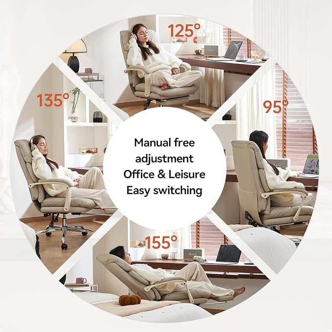 EMIAH Office Chair with Foot Rest, Ergonomic Executive Office Chair with Arms, Reclining High Back PU Leather Comfy Swivel Computer Desk Chairs with Wheels and Lumbar Support for Home Office, Beige