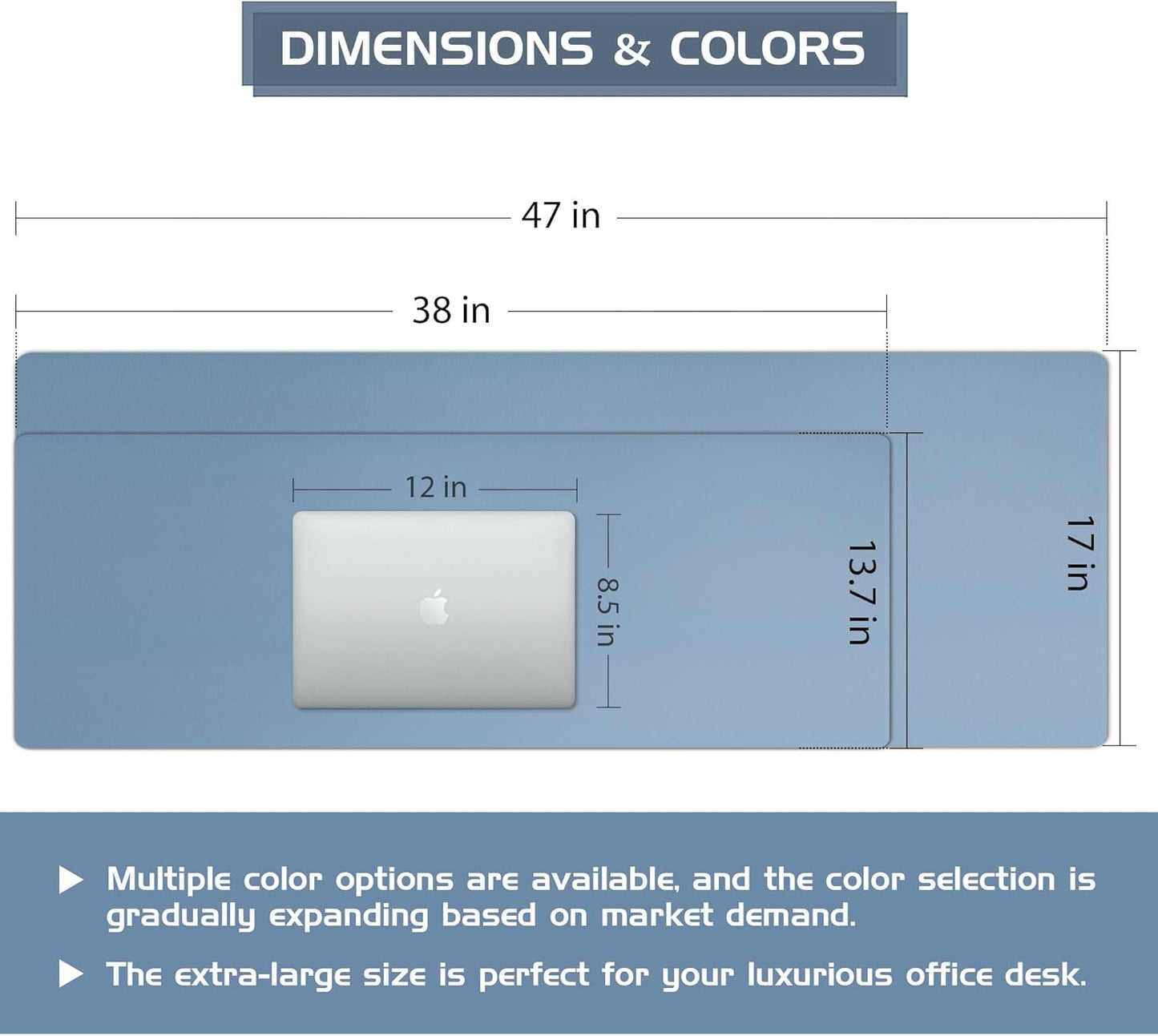 Aothia Leather Desk Pad Protector, Office Desk Mat, Large Mouse Pad, Laptop Desk Pad, Non-Slip PU Leather Desk Blotter, Waterproof Desk Writing Pad for Office and Home (Denim Blue, 47" x 17")