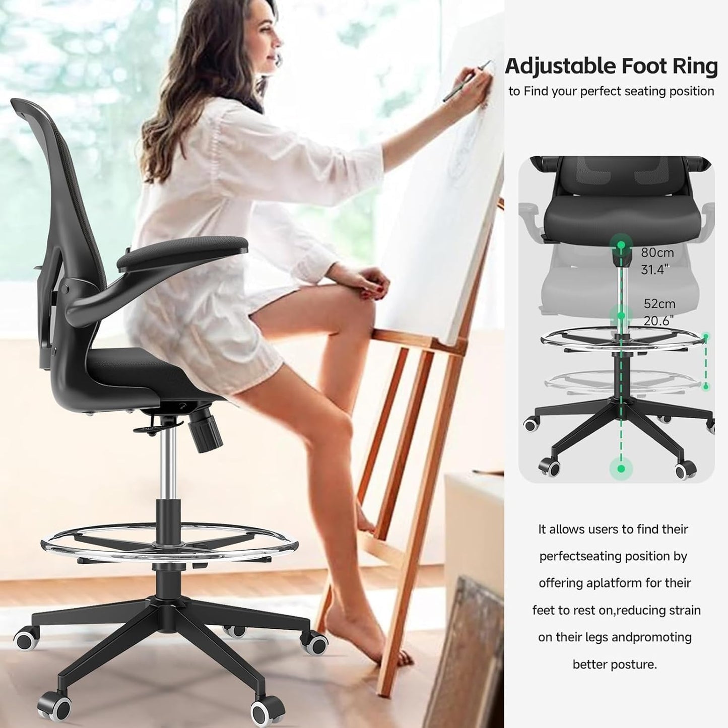 Ergonomic Office Chair with Adjustable Lumbar Support & Flip-Up Armrests - High Back Computer Desk Chair with Thickened Seat Cushion, Rolling Wheels for Home/Office Study Work (05black)