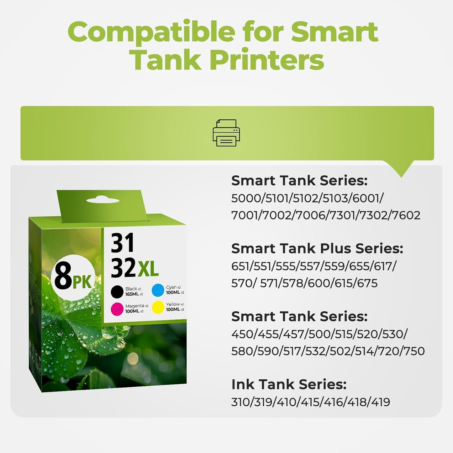 31 32XL Ink Bottle Set, Smart Tank 651 7602 5101 6001 Ink Refill Compatible with HP 31 Ink 32XL Black Ink Bottle Set for Smart Tank 5101 7602 7301 5000 651 5103 6001 7001 7302 5102 7002 7006 (8 Pack)