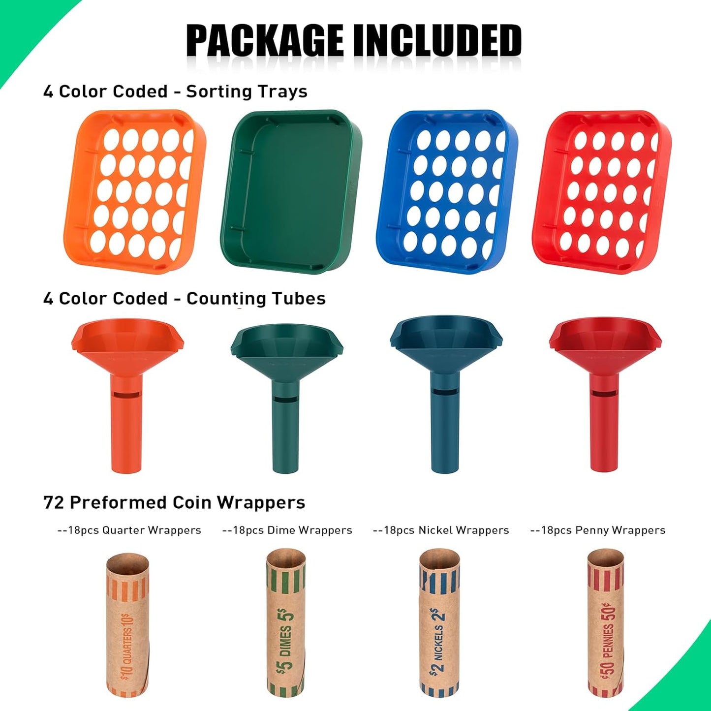 Coin Sorter Tube & Coin Sorter Tray - 4 Color Coded Coin Separator Trays and Coin Sorters Tubes Bundle with 72 PCS Preformed Coin Wrappers