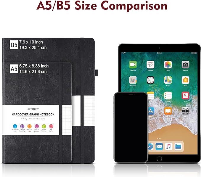 Graph Paper Notebook, 312 Numbered Pages B5 Hardcover Leather Journal, 100gsm No Bleed Grid Paper Notebook with Index Pages, Grid Notebook for Graphing Notes Math, 7.6'' X 10'', Burgundy