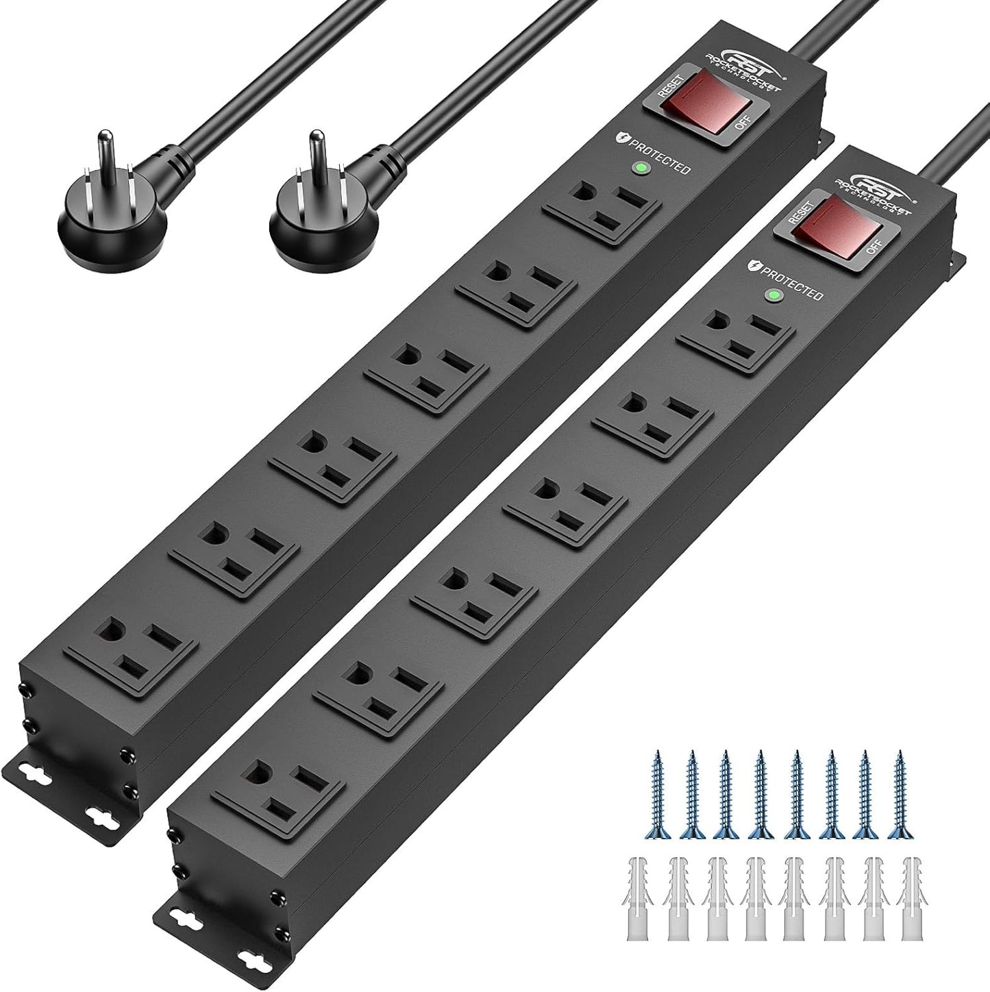 CRST 2Pack 6 Outlet Heavy Duty Power Strip with Switch, 15A/1875W Metal Mountable Power Strip Surge Protector 2100Joules, Wide Spaced Power Bar for Garage Worshop Home School, 6 FT Cord(Black)