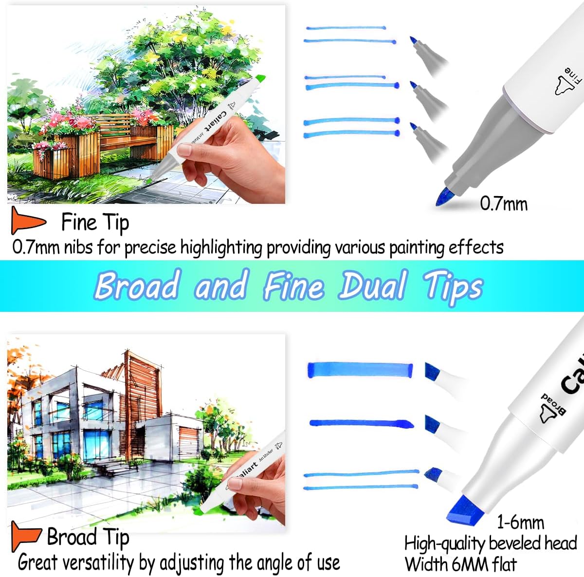 Caliart 41 Colors Dual Tip Art Markers Permanent Alcohol Based Markers Colored Artist Drawing Marker Pens Highlighters With Case for Coloring Animation Illustration Painting Card Making Underlining