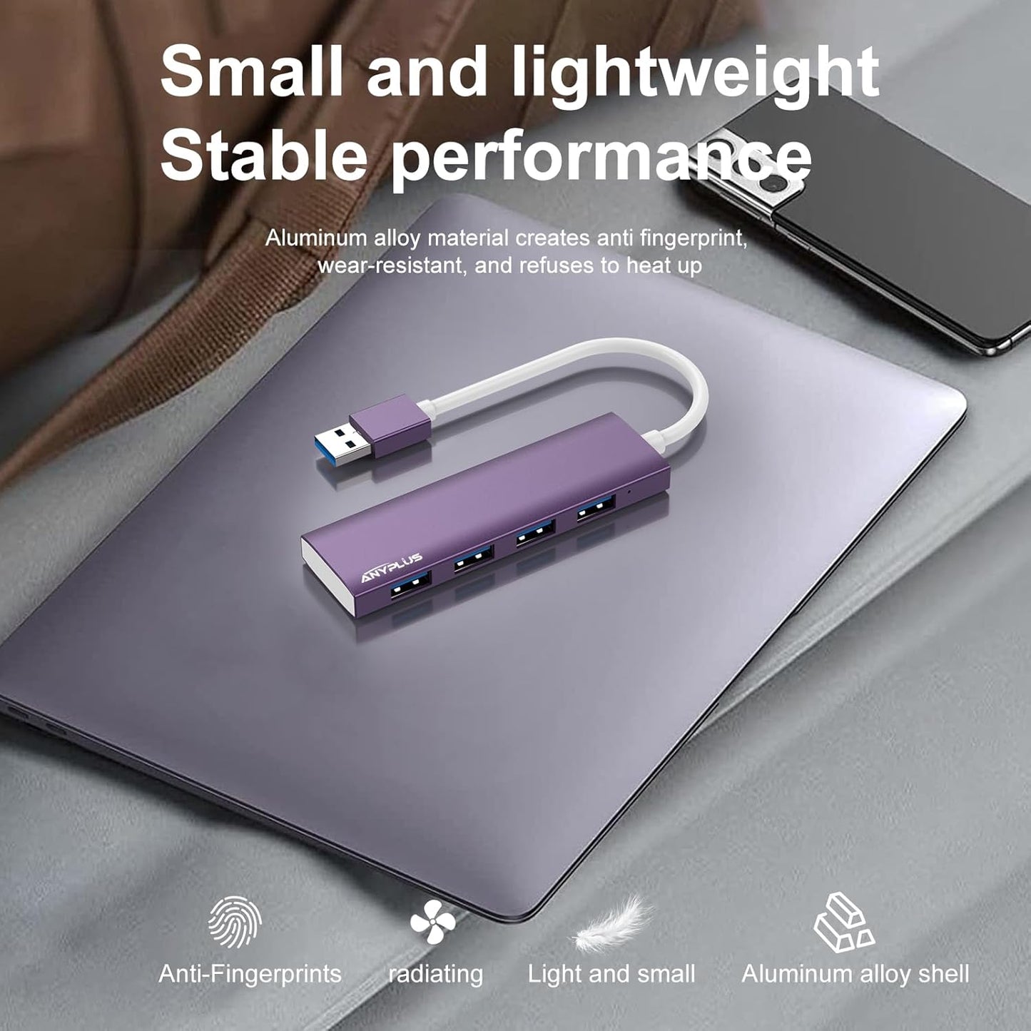 USB Hub, USB 3.0 Hub Aluminum Alloy Ultra Slim USB Splitter, Portable 4 Port USB Extender, USB Hub for Laptop, PC, MacBook, iMac, Surface Pro, Mac Pro, Flash Drive, XPS 【Purple】
