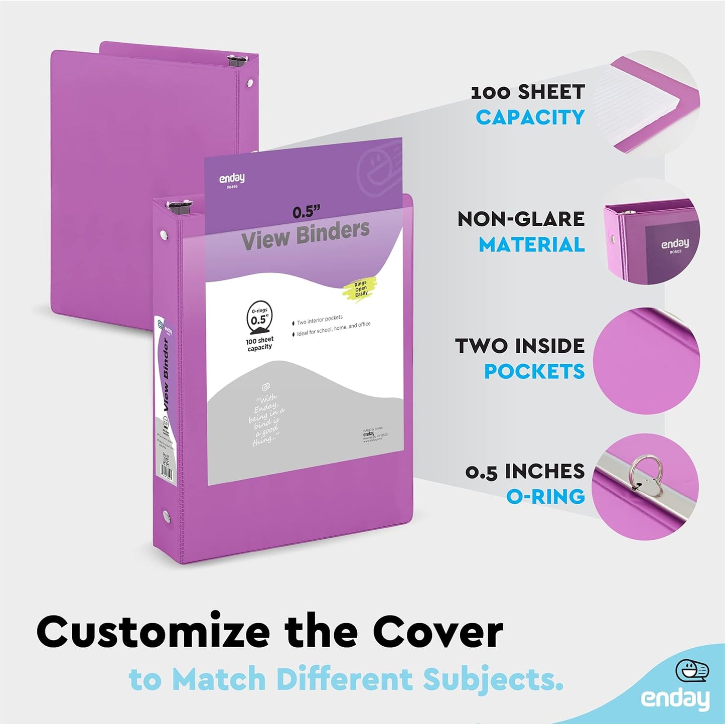 ½ Inch 3 Ring Binder Purple, .5 Inch Round Ring Clear View Cover with 2 Inside Pockets Binders, Colored School Supplies Binders, Also Available in Pink, Red, Green, Blue, and Grey (6 PC) – by Enday