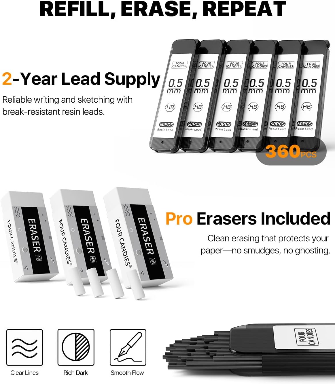 Four Candies Metal Mechanical Pencil Set - 3PCS 0.5mm Art Mechanical Pencils & 360PCS HB Lead Refills & 3PCS Erasers & 9PCS Eraser Refills, Drawing Mechanical Pencils for Writing, Sketching -With Case