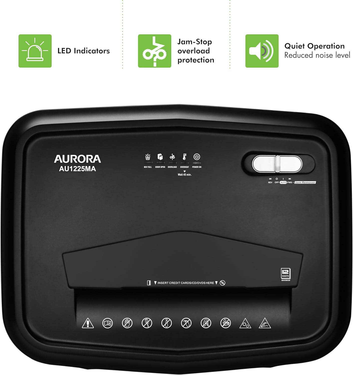 Aurora AU1225MA High-Security 12-Sheet Micro-Cut Paper and CD/Credit Card Shredder/ 5-Gallon Pullout Basket/40 Minutes Run Time