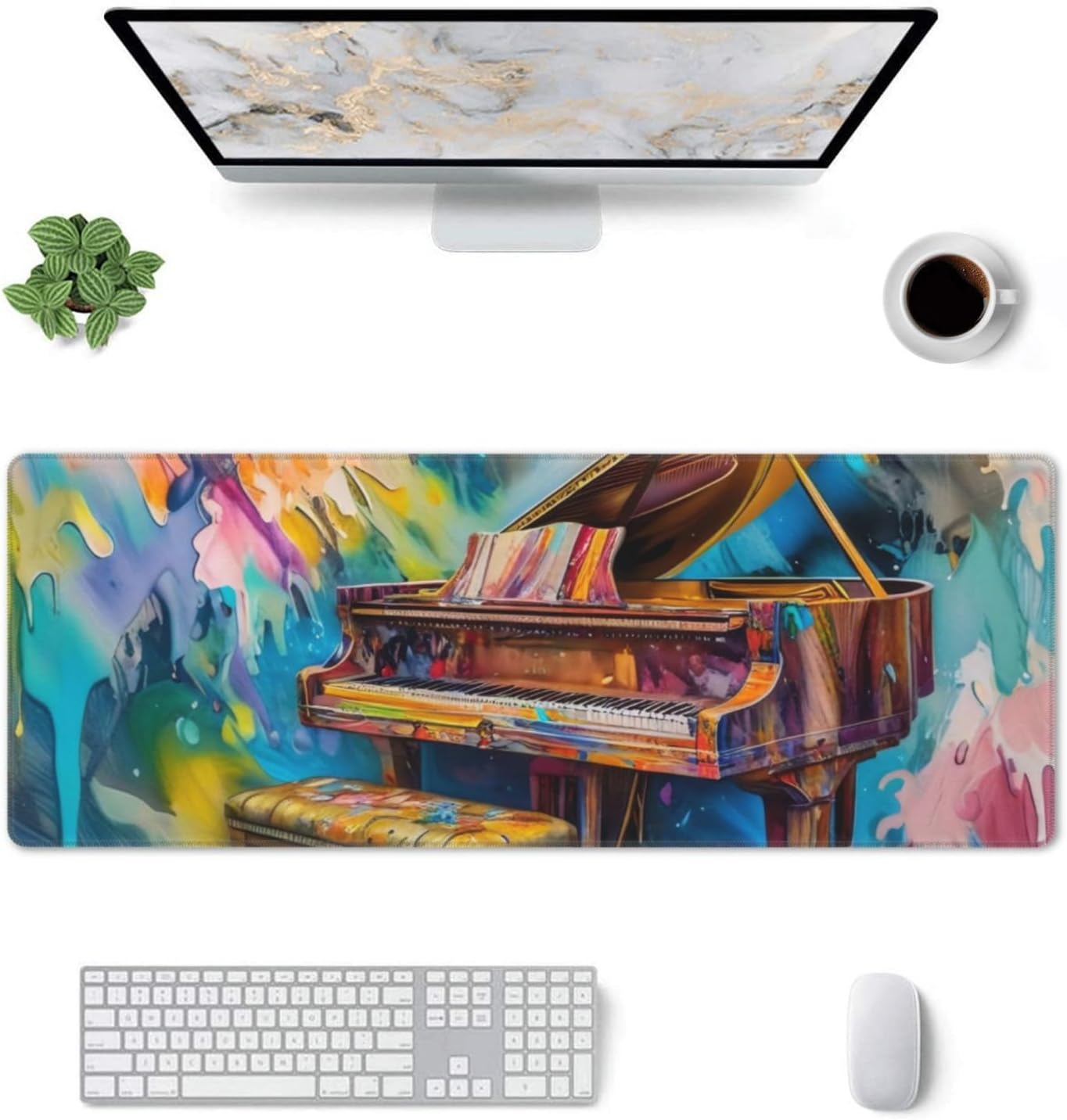 Gaming Mouse Pad, Large Non-Slip Rubber Base Mousepad, Keyboard Mouse Mat, Desk Pad with Stitched Edges, 31.5x11.8inch, Oil Painting of Piano