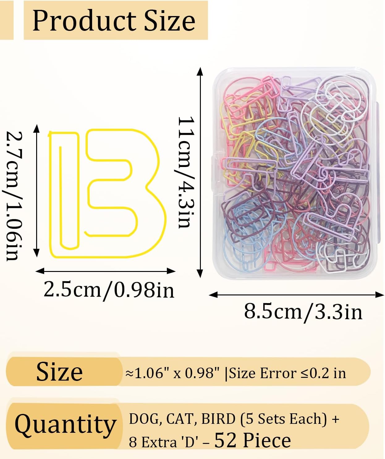 52 Pcs Stainless Steel Paper Clips - Alphabet Letter Clips for Office & School with Storage Box Assorted Color (Pet Series)