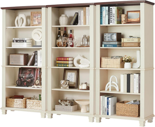 70" Tall White Bookshelf,5 Tier Wood Book Shelf with Adjustable Shelves & Wood Legs,Free Standing Farmhouse Bookcase with Open Display Storage,Vintage Kids Bookshelves for Nursery,3PCS