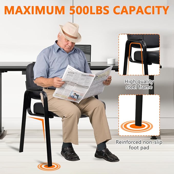 CLATINA Big & Tall 500 lbs Waiting Room Guest Chair, Leather Office Reception Chair No Wheels with Padded Arms for Elderly Home Desk Conference Room Lobby Side Salon Clinic, Black(2 Pack)