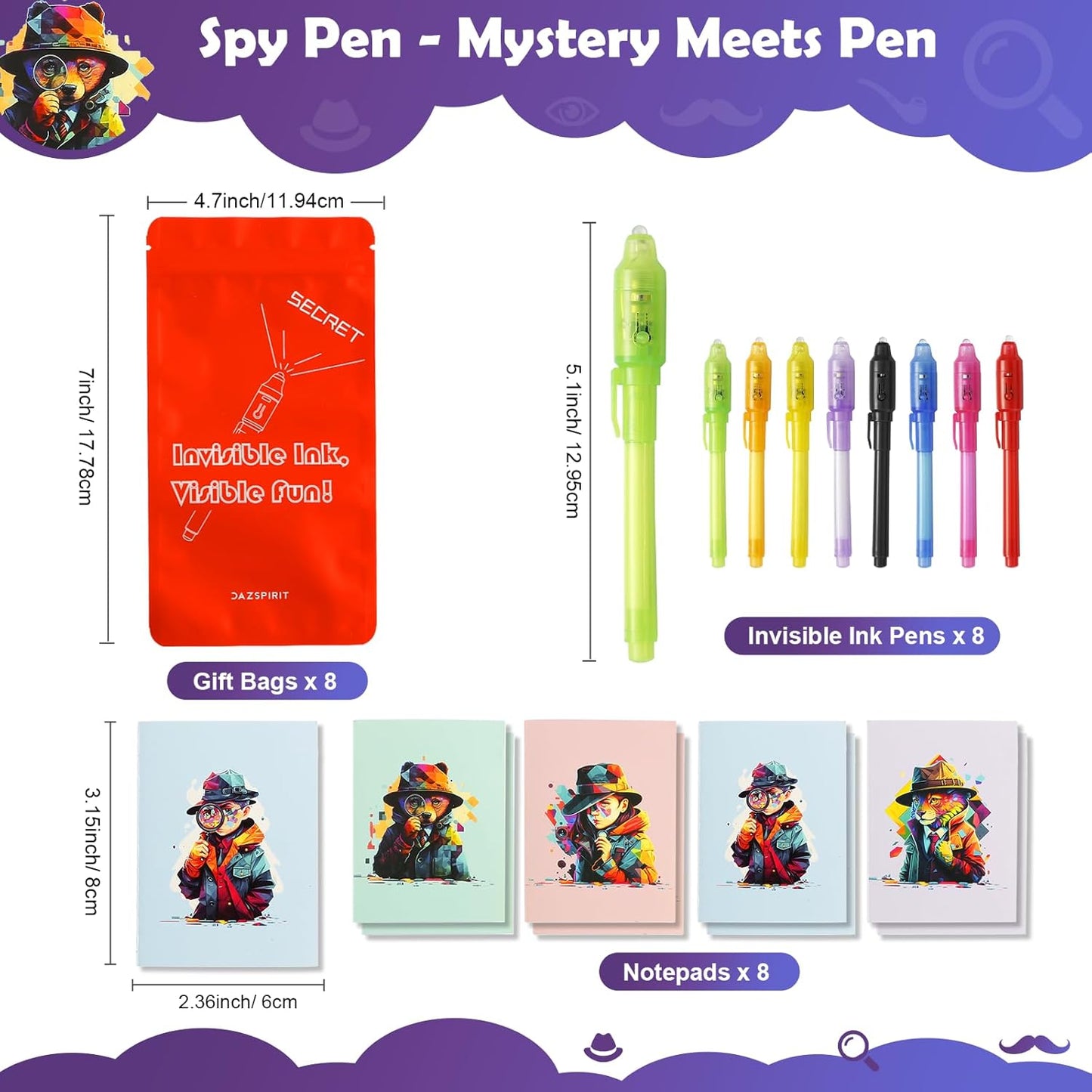 8Pcs Invisible Ink Pen Set with UV Light, Mini Notepads & Favor Bags, Magic Pen Disappearing Ink, Spy Pens for Kids, Fun Party Favors for Kids 8-12, Detective & Escape Room Themes