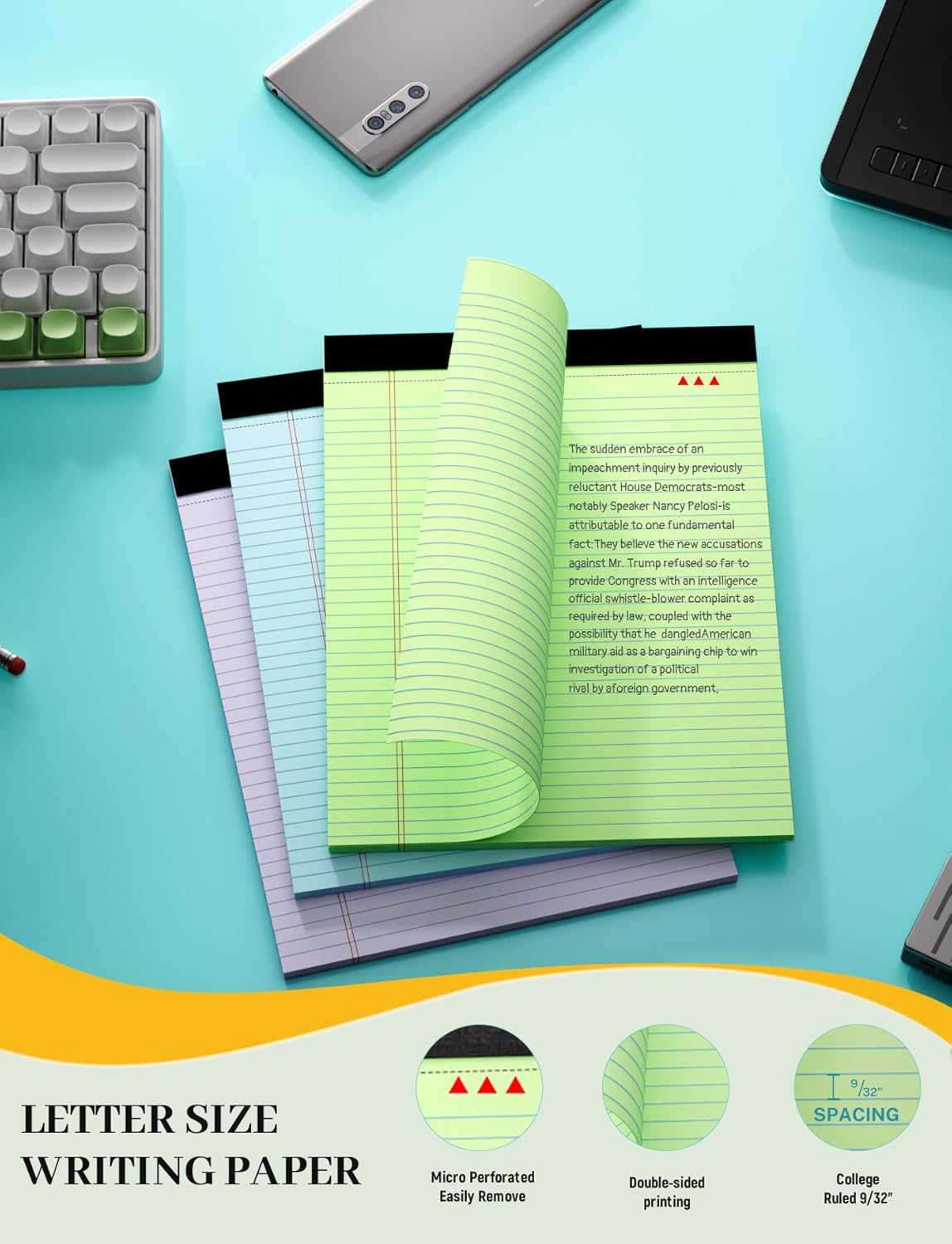 Colored Legal Pads, 3 Pack Writing Pads 8.5 x 11, Note Pads 8.5 x 11 College Ruled, Easy Tear-Off, Note Pads Lined Paper Pads 8-1/2 x 11 Notebook Paper for Office Supplies, 25 Sheets/Pad